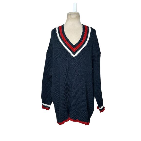 ZARA blue red white trim distressed oversized sweater size medium - Picture 12 of 12